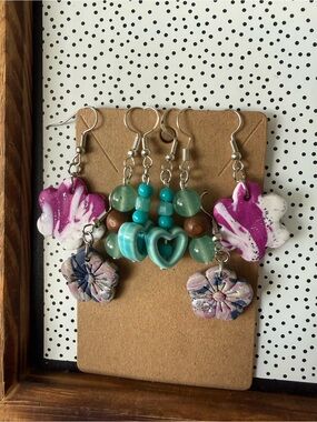 Handmade Floral & Heart Dangle Earrings - Turquoise, Purple, White